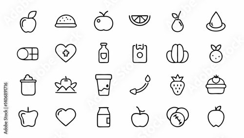 Healthy lifestyle outline icons themed around nutrition including fruits, vegetables, supplements, diet management, cooking, and eating habits for wellness