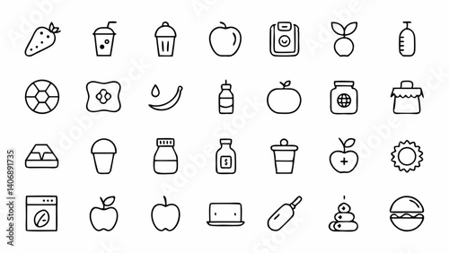 Flat line nutrition icons showing healthy meal planning, balanced diet elements, superfoods, vitamins, eating clean, and nutritional habits for health