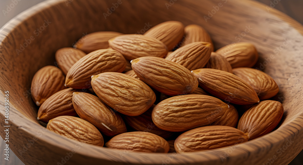 Fototapeta premium Pile of Almonds in Wooden Bowl Close Up Macro Still Life Shot