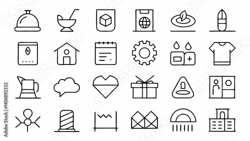 "Elegant textile-themed outline icons crafted with precision to represent clothing manufacturing processes, tools, and industry symbols for visual storytelling"