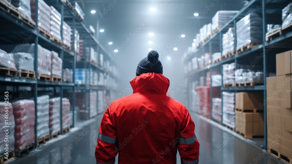 Cold storage logistic center handling frozen goods, mist in the air, workers wearing thermal protective gear, high-detail Cold storage logistic center handling frozen goods, mist in the air, workers wearing thermal protective gear, high-detail