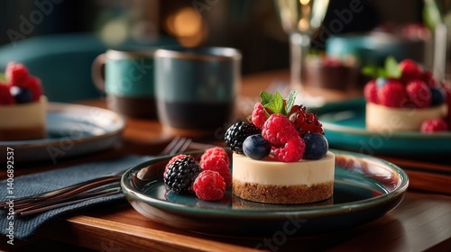 Obraz na płótnie Elegant berry cheesecake desserts at cozy cafe table w salonie