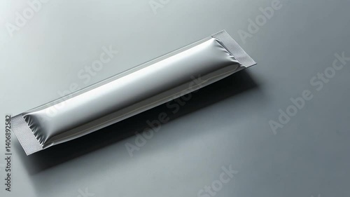 A Single Blank White Sachet on a Gray Surface