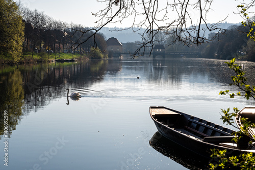 View of the Neckar River, a traditional punt boat (Stocherkahn) and a swan in Tübingen