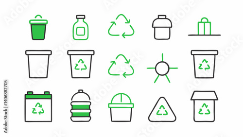 "Recycling and waste disposal icons illustrated in line art representing garbage bins, reuse symbols, eco-friendly initiatives, and trash collection concepts"