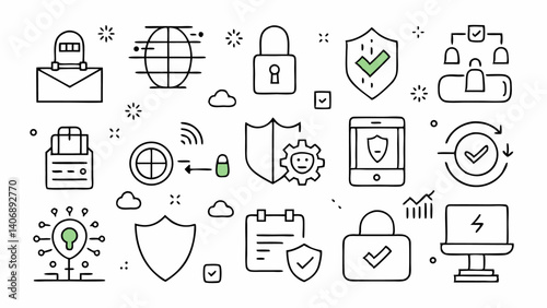 "Line icons for cyber security and digital privacy illustrating antivirus software, secure login, encryption, and network defense in a clean outline style"