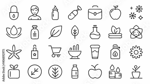 Beauty and spa line icons featuring massage tools, essential oils, skincare items, and beauty accessories perfect for wellness brands and health-themed visual content