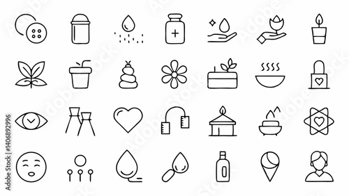 Elegant spa and beauty icons in outlined style highlighting skincare tools, massage therapy, wellness services, and cosmetic products for design and branding purposes