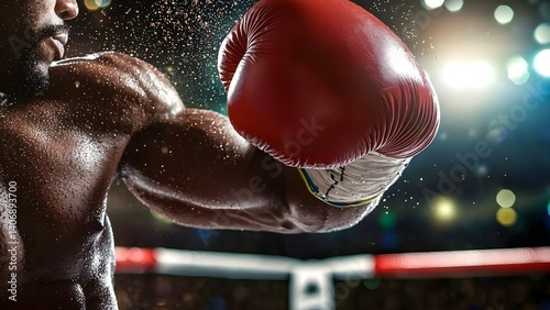 A close-up of a boxer throwing a punch, wearing red gloves, with droplets of sweat and an illuminated boxing ring in the background. Concept Boxing Action Shot, Close-Up Photography