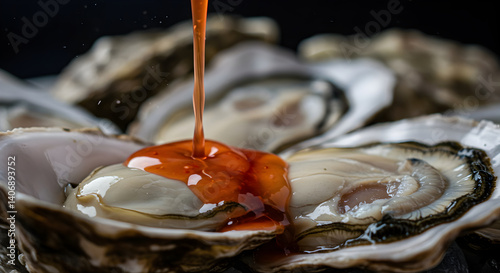 Fresh Oysters And Pouring Sauce As Exquisite Delicacy With Dark Backdrop