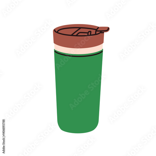 Thermal mug with lid. Tumbler, insulated travel cup for hot beverages, drinks. Reusable hiking thermo accessory for takeaway coffee, tea. Flat vector illustration isolated on white background