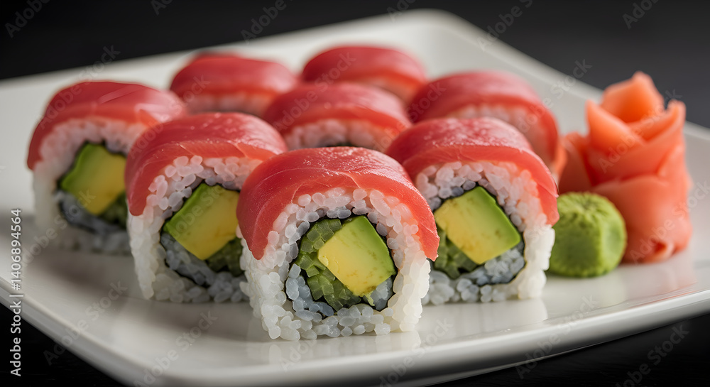 Elegant Display Of Tuna Avocado Sushi Rolls With Ginger Flower And Wasabi Elegant Display Of Tuna Avocado Sushi Rolls With Ginger Flower And Wasabi