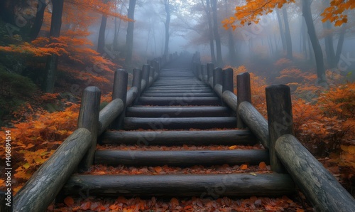 Misty autumn forest path with wooden stairs surrounded by vibrant orange leaves
