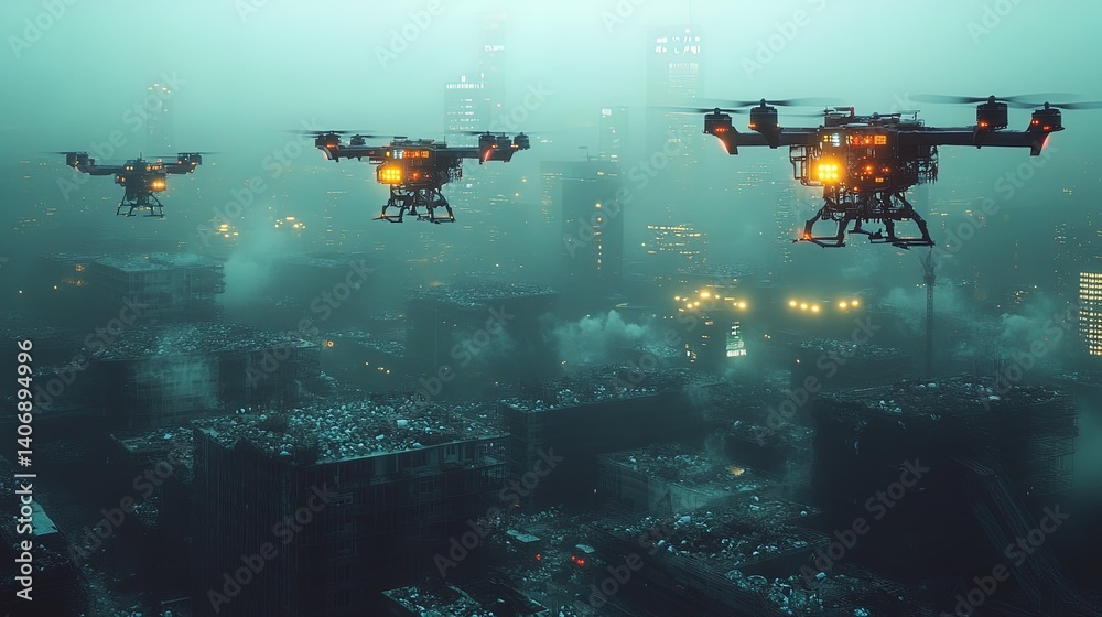Naklejka premium A futuristic drone fleet collecting waste in a glowing, eco-friendly urban setting