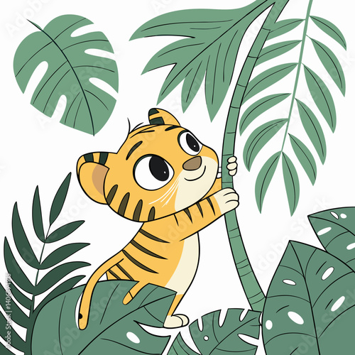 Cute baby tiger with big eyes and tiny paws playing in jungle leaves, vector style.