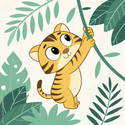 Cute baby tiger with big eyes and tiny paws playing in jungle leaves, vector style.