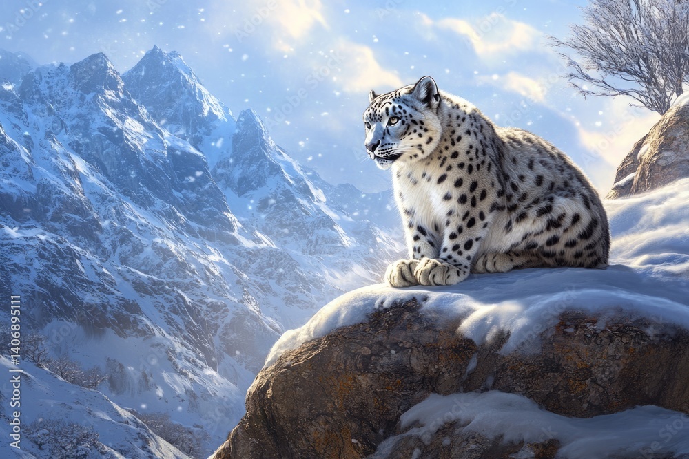 Majestic snow leopard perched on a snowy mountaintop, overlooking a breathtaking winter landscape. Majestic snow leopard perched on a snowy mountaintop, overlooking a breathtaking winter landscape.