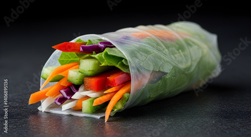 Fresh Spring Roll With Colorful Vegetables on Dark Backdrop Still Life