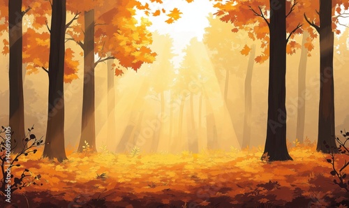 Autumn forest landscape with golden leaves and sunlight rays filtering through trees