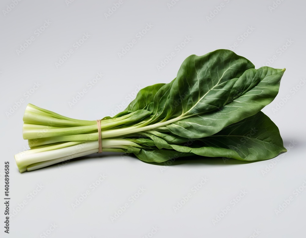 Fresh green bok choy with vibrant leaves on a neutral background.