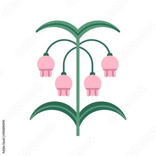 Gentle spring flower with nodding buds. Floral branch, blooms on curved stem. Wildflower plant with leaves. Delicate botanical design element. Flat vector illustration isolated on white background