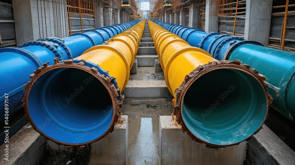 Colorful industrial pipes in construction site showcasing blue and yellow drainage systems Colorful industrial pipes in construction site showcasing blue and yellow drainage systems