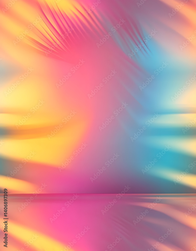 Obraz premium Colorful gradient studio backdrop with empty space for your content, tropical leaf shadow