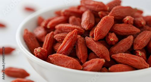 Close Up of Dried Goji Berries in a White Bowl On White Background