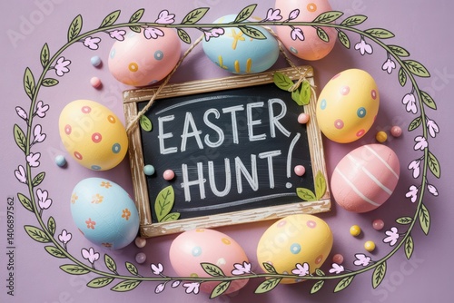 Easter Hunt Sign with Eggs on Purple Background, Whimsical Spring Scene