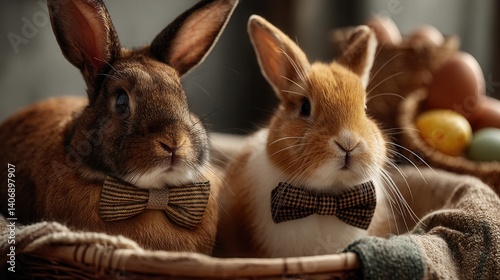 Adorable pet rabbits wearing bow ties in cozy basket photo