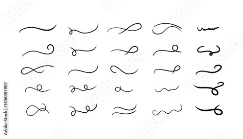 Hand drawn collection of curly swishes. doodle freehand lines. calligraphy swirl. swashes. smooth pencil lines and strokes