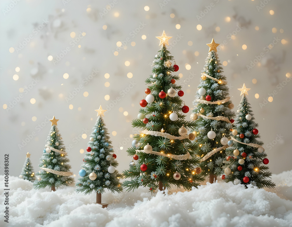 Festive Christmas Trees in Snow with Ornaments and Sparkling Lights Holiday Decor Festive Christmas Trees in Snow with Ornaments and Sparkling Lights Holiday Decor