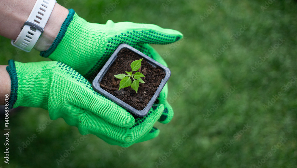 woman planting seedling in spring
