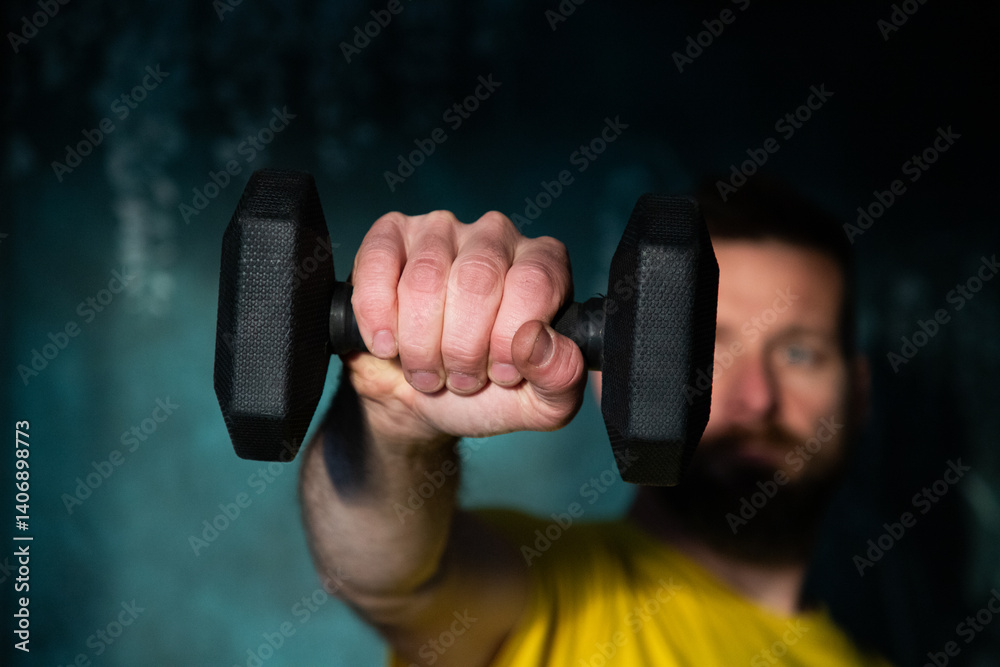 man lifting weights focus on hand