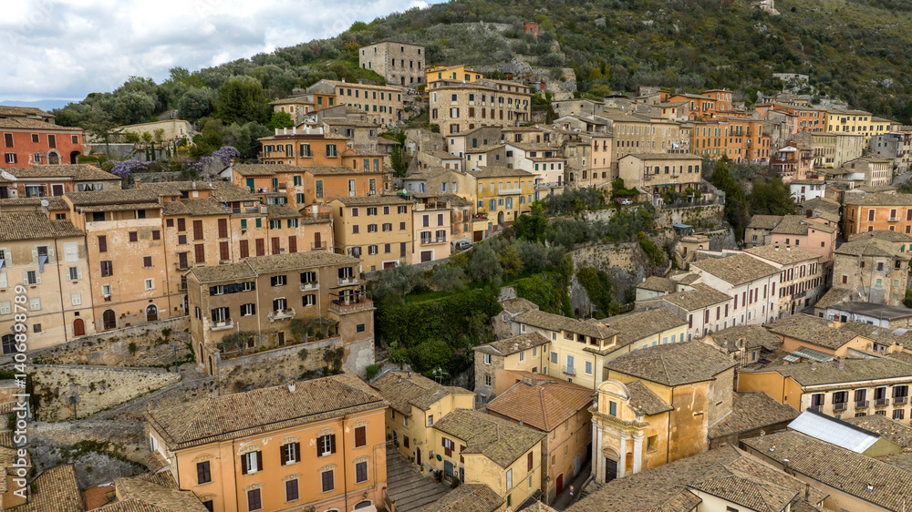 Aerial view of houses in the town of Arpino, located in the province of Frosinone in Lazio, Italy.