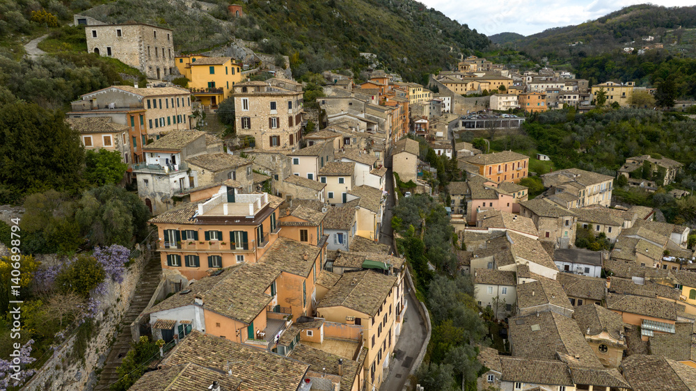 Aerial view of houses in the town of Arpino, located in the province of Frosinone in Lazio, Italy.