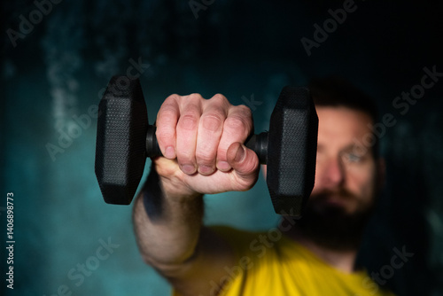 Obraz na płótnie man lifting weights focus on hand w salonie