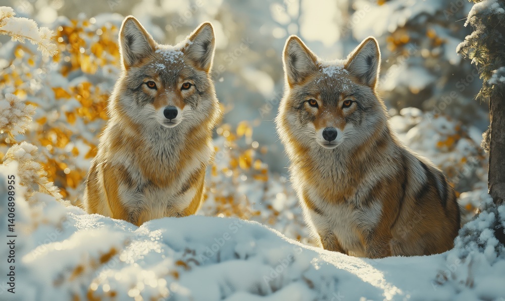 Obraz premium Two majestic foxes in snowy forest setting with autumn foliage