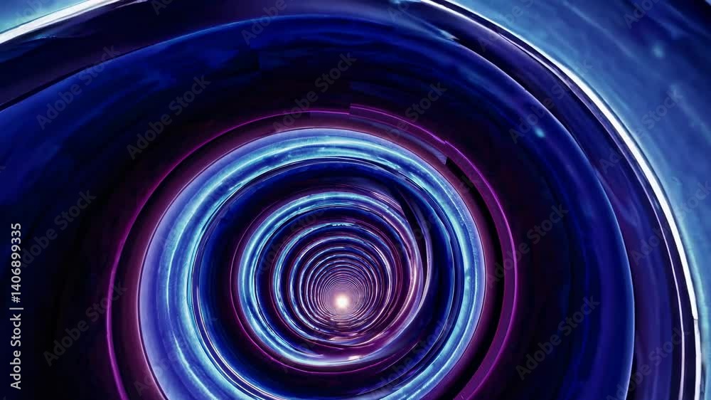 Futuristic blue spiral vortex tunnel with glowing neon energy swirl