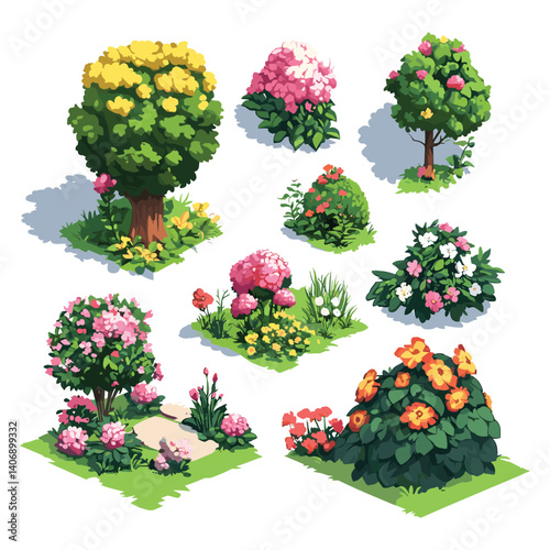 Isometric Tree Flower Garden Illustration