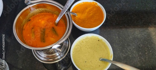 a classic trio of South Indian accompaniments typically served with breakfast items like dosa, idli, or vada photo