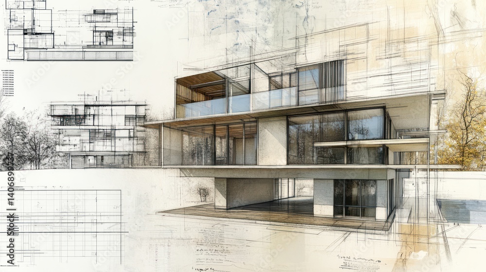 Architectural design sketch of modern house Architectural design sketch of modern house