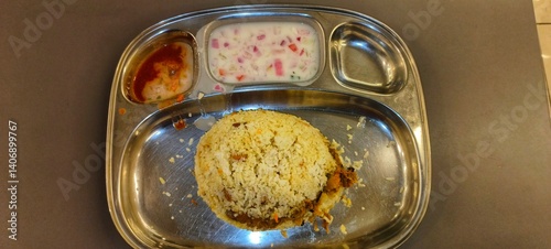 a serving of biryani on a stainless steel compartmental plate