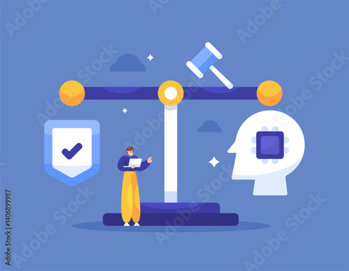 the concept of protection and law of artificial intelligence technology. rules and policies governing the use of artificial intelligence. illustration of a user understanding the use of AI. flat style