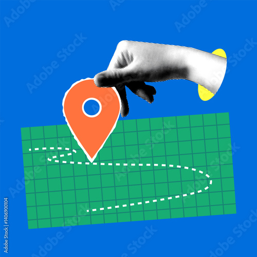 Halftone hand holding navigation sign. Modern collage with red location pin symbol. Destination sign on the map. Travel concept