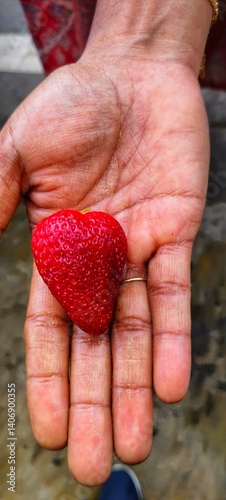 a hand holding a heart-shaped strawberry