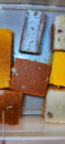 a colorful assortment of traditional Indian sweets,