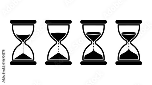 Hourglass Icons: Four minimalist, black hourglass icons, showcasing the gradual flow of time. Each hourglass represents a different stage.