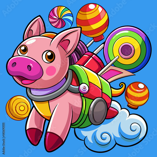 Flying pig with jetpack soaring over vibrant Candyland in a whimsical, adventurous fantasy scene.