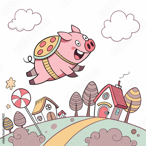 Flying pig with jetpack soaring above vibrant Candyland in whimsical, colorful digital art.